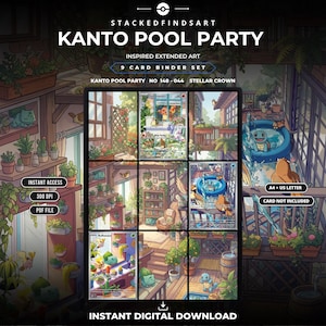Op de afbeelding: Een digitale 9-kaarten binder set getiteld Kanto Pool Party met uitgebreide illustraties van diverse wezens in een tuin. De set bevat tekstlabels voor directe toegang, 300 DPI, PDF-bestand, A4 plus US letter, en kaart niet inbegrepen.