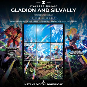 Könnte beinhalten: Ein digitales 9-Karten-Ordner-Set mit erweiterter Kunst, inspiriert von Gladion und Amigento. Die Grafik enthält den Text STACKEDFINDSART, GLADION AND SILVALLY, 9 CARD BINDER SET, GLADION'S FINAL BATTLE, NO 118/84, PITCH BLACK, SILVALLY, NO 95/84, INSTANT ACCESS, 300 DPI, PDF FILE, A4 + US LETTER, CARD NOT INCLUDED und INSTANT DIGITAL DOWNLOAD.