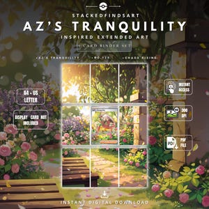 Può includere: Un set di 9 carte per raccoglitore intitolato AZ's Tranquility Inspired Extended Art. L'immagine mostra un giardino con una panchina in legno, rose rosa e una carta collezionabile centrale. Il testo include A4 + US Letter, Instant Access, 300 DPI, PDF File.