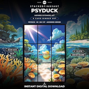 May include: A 9-card binder set digital download featuring Psyduck inspired extended art. The image displays a grid of nine panels showing a tropical underwater and beach scene with coral, blue water, and a bright sun. Text includes STACKEDFINDSART PSYDUCK, 9 CARD BINDER SET, PSYDUCK NO 226/217 ASCENDED HEROES, INSTANT ACCESS, 300 DPI, PDF FILE, A4 + US LETTER, CARD NOT INCLUDED, and INSTANT DIGITAL DOWNLOAD.