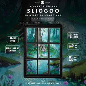 May include: A digital 9-card binder set featuring Sliggoo inspired extended art. The graphic displays a forest pond scene with purple flowers and a central character. Text includes STACKEDFINDSART, SLIGGOO, NO.95, CHAOS RISING, A4 + US LETTER, and INSTANT DIGITAL DOWNLOAD.