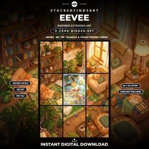 Pode incluir: Um conjunto de 9 cartões para fichário com arte estendida inspirada em Eevee. A imagem mostra um quarto aconchegante com estantes, plantas e móveis. O texto inclui STACKEDFINDSART, EEVEE, 9 CARD BINDER SET, EEVEE NO 173 SCARLET & VIOLET PROMO CARDS, INSTANT ACCESS, 300 DPI, PDF FILE, A4 + US LETTER, CARD NOT INCLUDED, INSTANT DIGITAL DOWNLOAD.