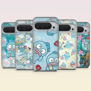 May include: Five smartphone cases featuring various cartoon character designs. The cases display light blue, yellow, and teal backgrounds with patterns of small blue creatures, food items, text, and underwater elements like starfish and coral reefs.