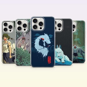 May include: Five smartphone cases featuring anime-inspired illustrations of a character with a red mask and a large white wolf. The designs include forest scenes, a dark blue background with Japanese text, and a black background with a resting wolf.