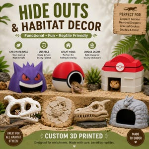 May include: A collection of custom 3D printed reptile hides and habitat decor, including a purple Gengar-shaped cave, a red and white Poké Ball hide, a white Pokémon center-style house, a white skull, a turtle-themed stone, and a gray cave.