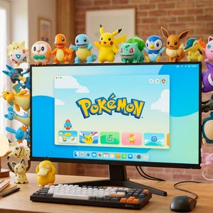 May include: A computer monitor displaying the Pokémon logo on its screen, surrounded by a collection of various colorful Pokémon character figurines arranged along the top and side edges of the display frame, with a keyboard and mouse below.