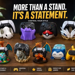 May include: A collection of nine decorative gaming controller stands featuring various character designs, including a white skull, a purple blob, a red and white ball, a white dragon, a green creature, a grey monster, an orange dragon, a blue creature, and a yellow creature.