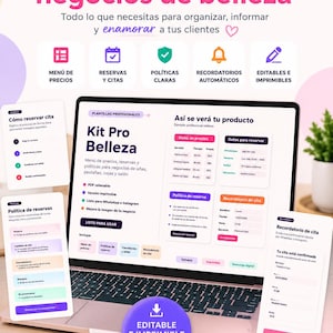 Puede incluir: Un kit profesional digital para negocios de belleza en una pantalla de portátil, con plantillas para menús de precios, reservas, políticas y recordatorios automáticos. La interfaz incluye documentos editables e imprimibles.