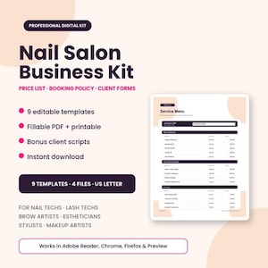 Puede incluir: Un kit de negocios digital profesional para salones de uñas con 9 plantillas editables, PDF rellenables y formularios imprimibles. El documento incluye una lista de precios, política de reservas y formularios para clientes.
