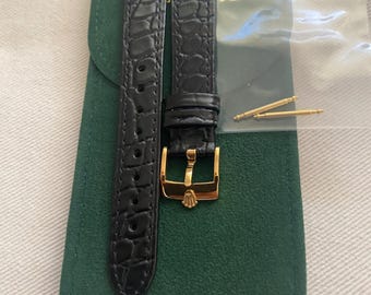 20 mm svart läderarmband för Rolex med ett förgyllt spänne, grönt fodral och förgyllda stift