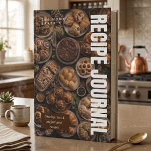 Könnte beinhalten: Ein Rezeptbuch mit festem Einband mit dem Titel The Home Baker's Recipe Journal. Das Cover zeigt eine dunkle Collage aus verschiedenen Backwaren wie Keksen, Muffins und Gebäck. Der Text lautet: The Home Baker's Recipe Journal, Develop, test & perfect your recipes.