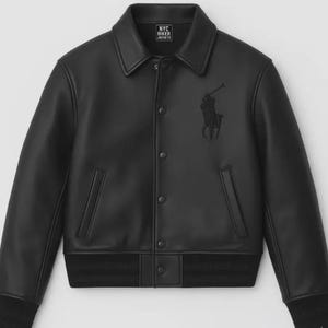 Men's Black Faux Leather Varsity Bomber Jacket, Snap Button Streetwear Coat