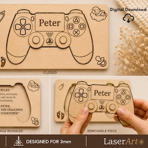May include: A light-colored wooden puzzle featuring a laser-engraved game controller with the name Peter. The piece is removable, revealing a hidden message asking to be a godfather. Includes icons of a baby bottle, footprints, and a pacifier.