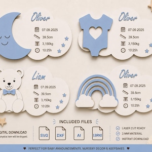 Pode incluir: Quatro placas de madeira brancas em forma de nuvem com detalhes azuis, apresentando uma lua, um body, um urso de peluche e um arco-íris. Cada placa mostra o nome Oliver ou Liam, a data 07.09.2025, 39.5cm, 3,150kg e 10:25h. Ficheiros incluídos.