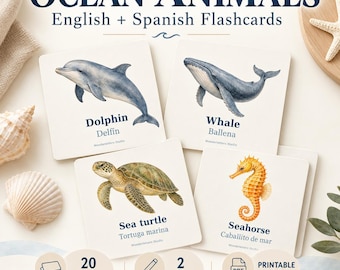 Ocean Animal Flashcards in English & Spanish | 20 Watercolor Cards + 2 Activities | Printable PDF