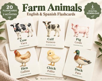 Farm Animal Flashcards in English & Spanish | 20 Watercolor Cards + 2 Activities | Printable PDF
