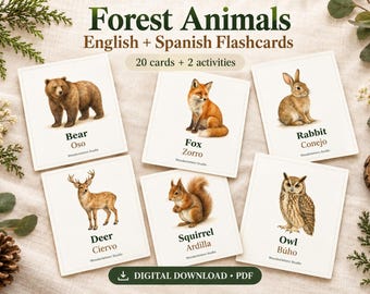 Forest Animal Flashcards in English & Spanish | 20 Watercolor Cards + 2 Activities | Printable PDF