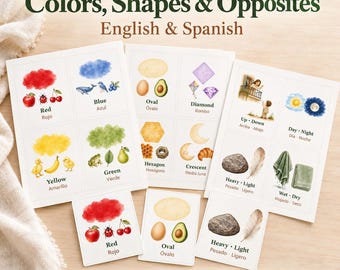 Bilingual Watercolor Flashcards: Colors, Shapes, Opposites (English/Spanish) (PDF)