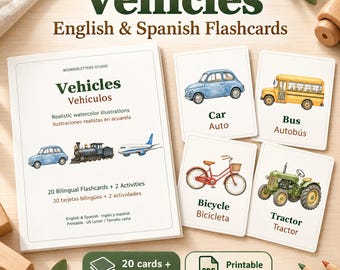 Vehicle Flashcards in English & Spanish | 20 Watercolor Transportation Cards + 2 Activities | Printable PDF