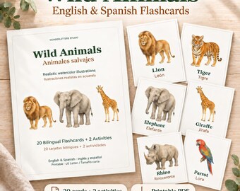 Wild Animal Flashcards in English & Spanish | 20 Watercolor Cards + 2 Activities | Printable PDF