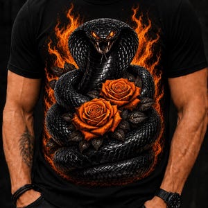 Op de afbeelding: Een zwart t-shirt met korte mouwen voorzien van een grafische print van een opgerolde zwarte cobra met gloeiende oranje ogen, omringd door levendige oranje vlammen en twee gedetailleerde oranje rozen met donkere bladeren in het midden.