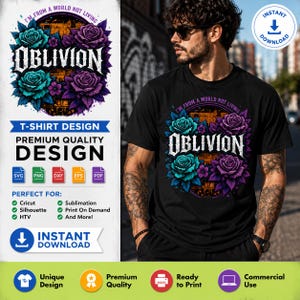 Oblivion Japanese Streetwear T-Shirt Design PNG | Gothic Floral Graphic | Cyberpunk Roses | Print on Demand | Sublimation | DTF | Commercial