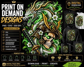 Samurai Skull Dragon PNG SVG, Japoński projekt koszulki z czaszką, Clipart z czaszką wojownika, Sublimacja gotyckiego smoka, Druk na żądanie