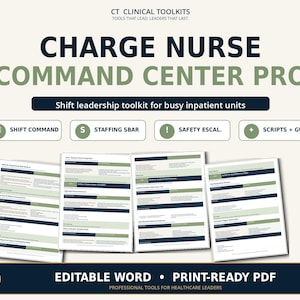 May include: A Charge Nurse Command Center Pro toolkit featuring four document pages with dark blue and sage green headers. The text includes Shift Command, Staffing Sbar, Safety Escal., and Scripts + Guides. It is available as an editable Word document and a print-ready PDF.
