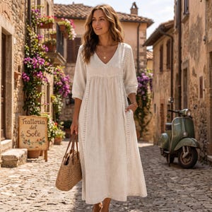 cotton summer dresses with 3/4 sleeves Jastie Summer 3/4 Sleeve V-neck White Women Dresses Stitching Hollow Lace  Embroidered Dress Bohemian Seaside Vacation Maxi Dress