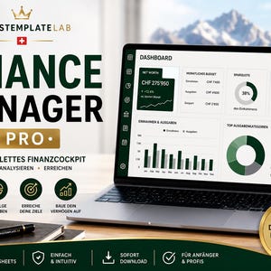 Könnte beinhalten: Ein Laptop zeigt ein Finance Manager Pro Dashboard mit Finanzdiagrammen, Nettovermögen und Budgetdaten. Der Bildschirm zeigt Text wie Dashboard, Net Worth und Cash Flow. Ein schwarzer Stift liegt auf einem Notizbuch mit goldenen Akzenten.
