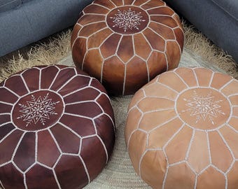 Moroccan Pouf Footstool, Boho Floor Cushion, Round Living Room Decor , Genuine Leather,  Unstuffed