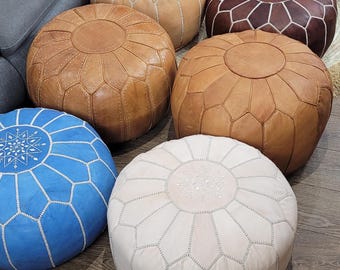 Moroccan Leather Pouf Ottoman, Handmade Footstool, Boho Floor Cushion, Accent Seating, Artisan Home Gift.