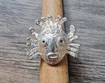 Peruvian Nazca Mask 925 Sterling Silver Ring Size 6.75