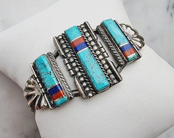 Navajo Oscar  Alexius 1975 Rare Multi Gemstone Cuff Bracelet 24.1g