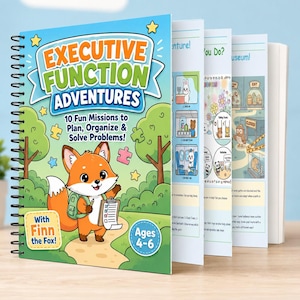 May include: A spiral-bound activity book titled Executive Function Adventures with 10 Fun Missions to Plan, Organize & Solve Problems! The cover features a cartoon fox named Finn, green trees, and stars. It is labeled for ages 4-6.