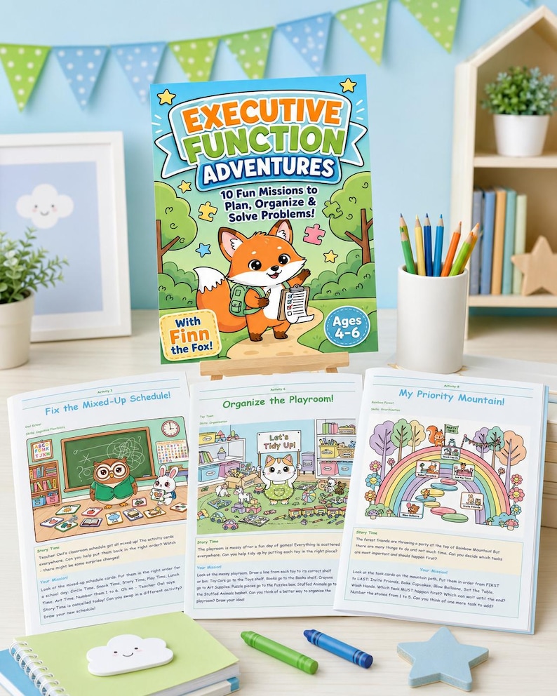 K&ouml;nnte beinhalten: Ein Kinder-Aktivit&auml;tsbuch mit dem Titel Executive Function Adventures mit Finn dem Fuchs auf dem Cover, pr&auml;sentiert mit drei offenen Aktivit&auml;tsseiten, Buntstiften in einem wei&szlig;en Becher und einem kleinen gr&uuml;nen Notizbuch mit Wolkensymbol.