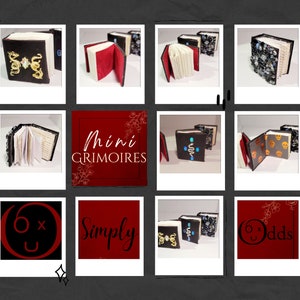 May include: A collage of nine images showcasing mini grimoires, small books decorated with various embellishments, including beads, skulls, and a snake design. The text "Mini Grimoires" and "Simply Odds" are featured in the collage.