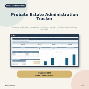Probate Estate Administration Tracker Spreadsheet for Executors | Excel Organizer for Assets, Expenses, Tasks & Beneficiaries