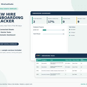 Tracker voor het inwerken van nieuwe medewerkers in Google Sheets: HR-checklist, dashboard en 30-60-90-plan