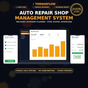 May include: Torqueflow auto repair shop management system digital download featuring a dashboard interface on a laptop screen flanked by two mobile devices displaying repair orders and invoice details with orange bar charts and green status icons.