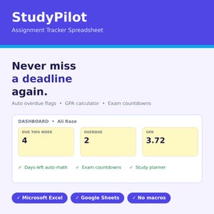 Spreadsheet voor het bijhouden van opdrachten, huiswerkplanner voor studenten in Excel en Google Sheets, sjabloon voor een studieplanner