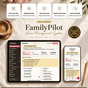 Op de afbeelding: Een digitaal FamilyPilot-beheersysteem voor thuis, weergegeven op een tablet en smartphone. De interface toont een dashboard met planningen, financiën en taken. De tekst bevat FamilyPilot, Plan Your Day, Manage Family, Track Finances, Meals & Groceries en Home & Health.