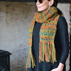Green, Yellow and Orange Scarf, Crochet Pattern, Free Form Crochet Scarf, Crocheted Scarf, Hippie Scarf, Hand Made Scarf, Free Form