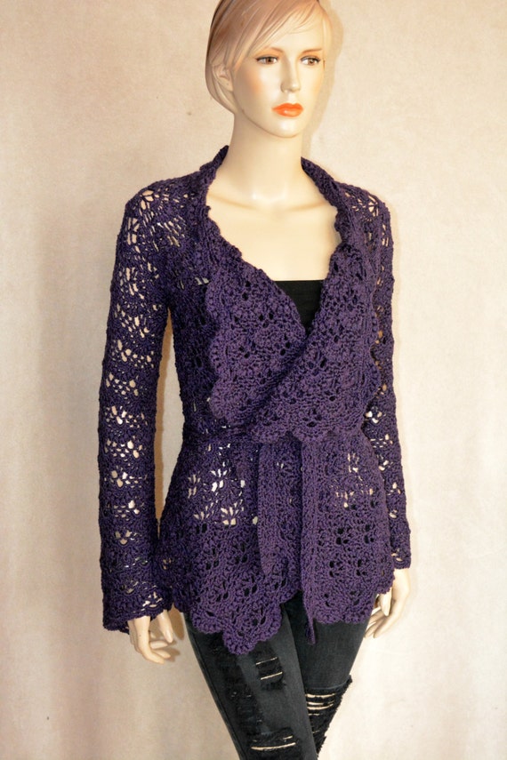 purple crochet cardigan