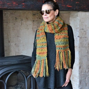 Green, Yellow and Orange Scarf, Crochet Pattern, Free Form Crochet Scarf, Crocheted Scarf, Hippie Scarf, Hand Made Scarf, Free Form