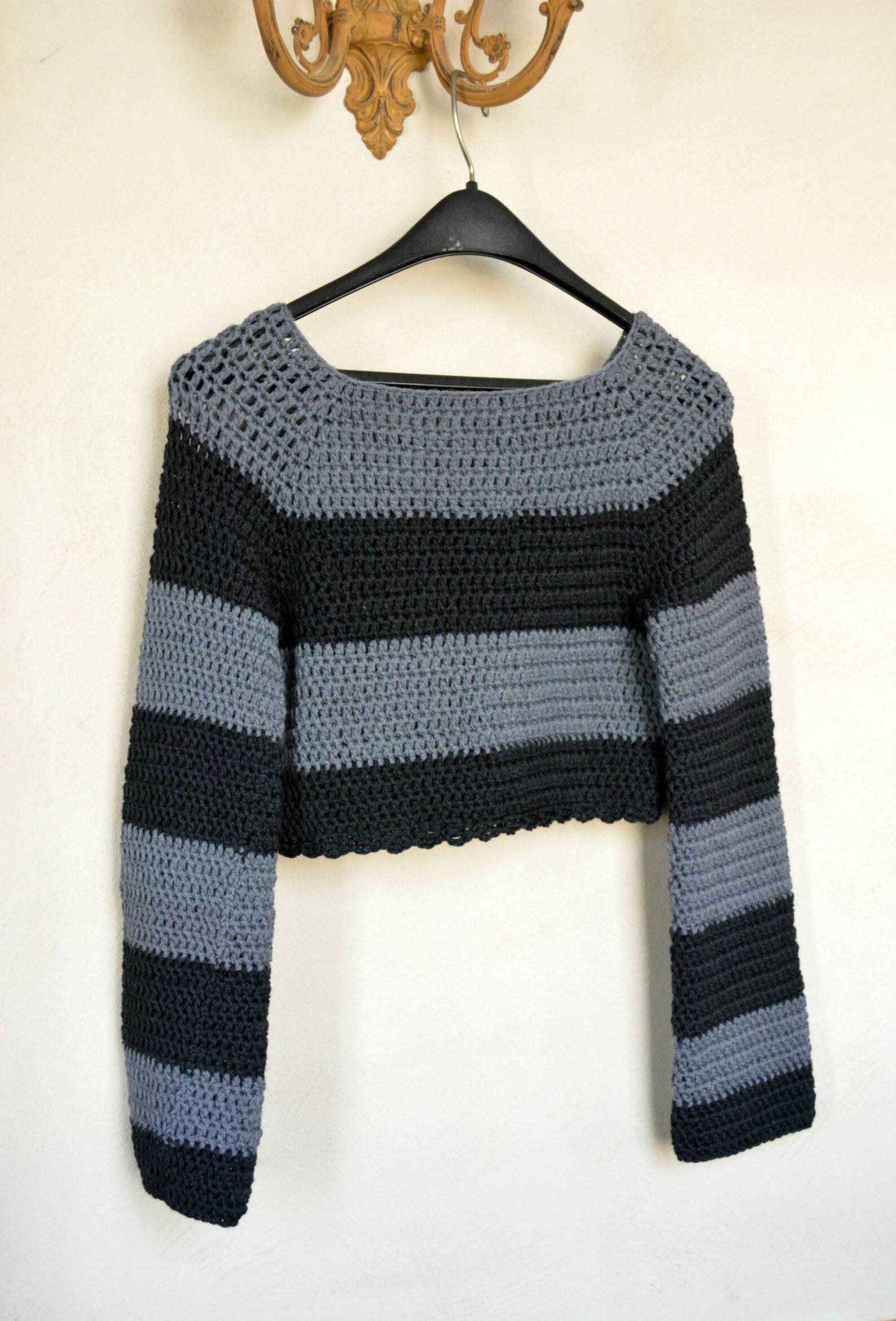 Cropped Crochet Sweater Black Sweater Gray Sweater Crochet Etsy