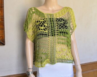 Green Poncho, Green Top, Summer Top, Spring Top, Free Form, Crochet Top, Boho Top, Hippie Style, Women Wear, Cover-Up, Beach Wear, Crochet