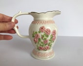 Vintage Handmade Petite Colonial Pitcher, Prairie Floral Feminine Small Creamer, Pink Roses Relief Country Home Decor Farm House Kitchen