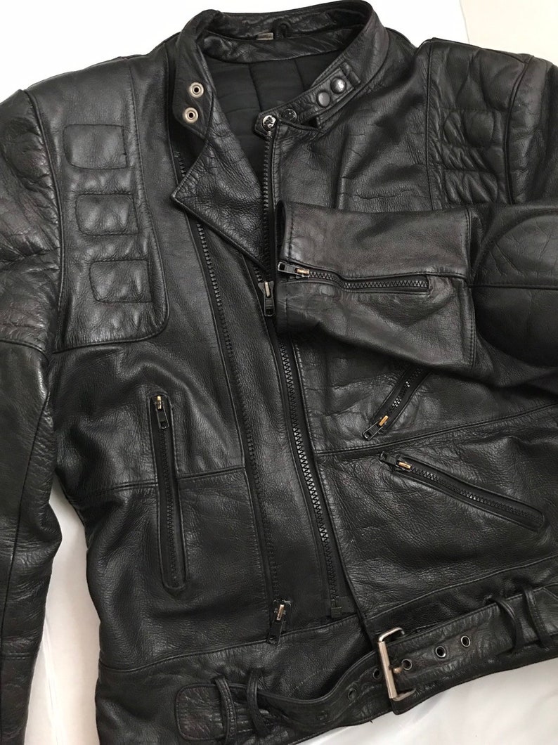 Rugged Thick Chunky Moto Riding Coat with Bel Mens Size Medium 80s Black Distressed Padded Leather Biker Jacket