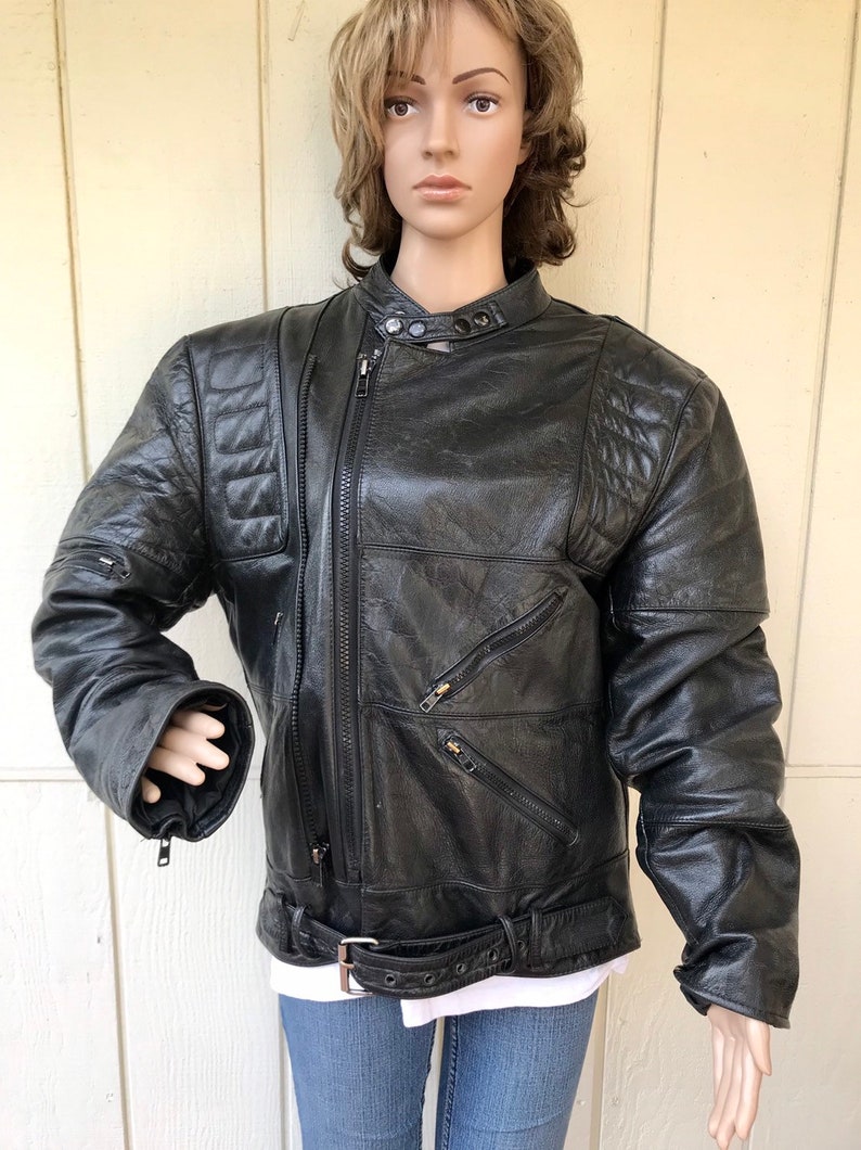 Rugged Thick Chunky Moto Riding Coat with Bel Mens Size Medium 80s Black Distressed Padded Leather Biker Jacket